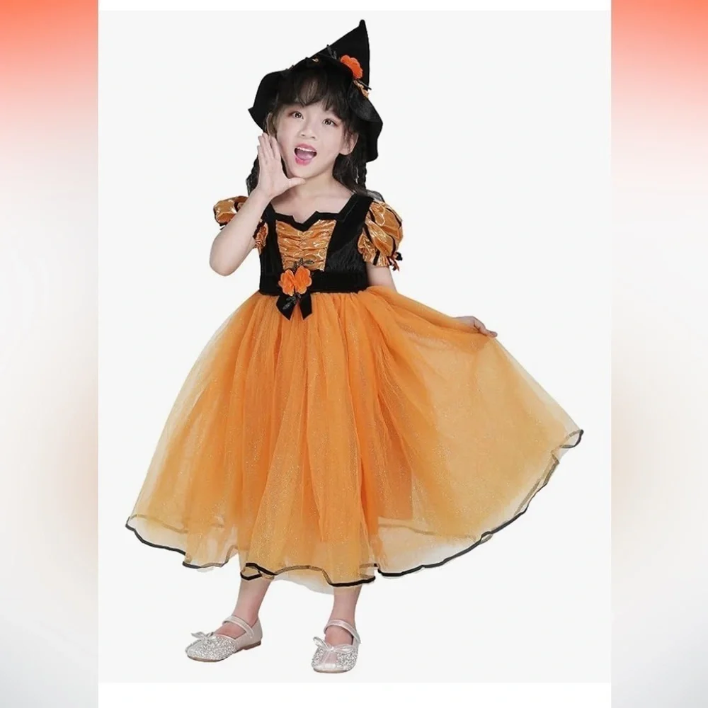 NWT Orange Fancy Fairytale Witch Costume 2T-4T Dress & Hat  Halloween Cosplay